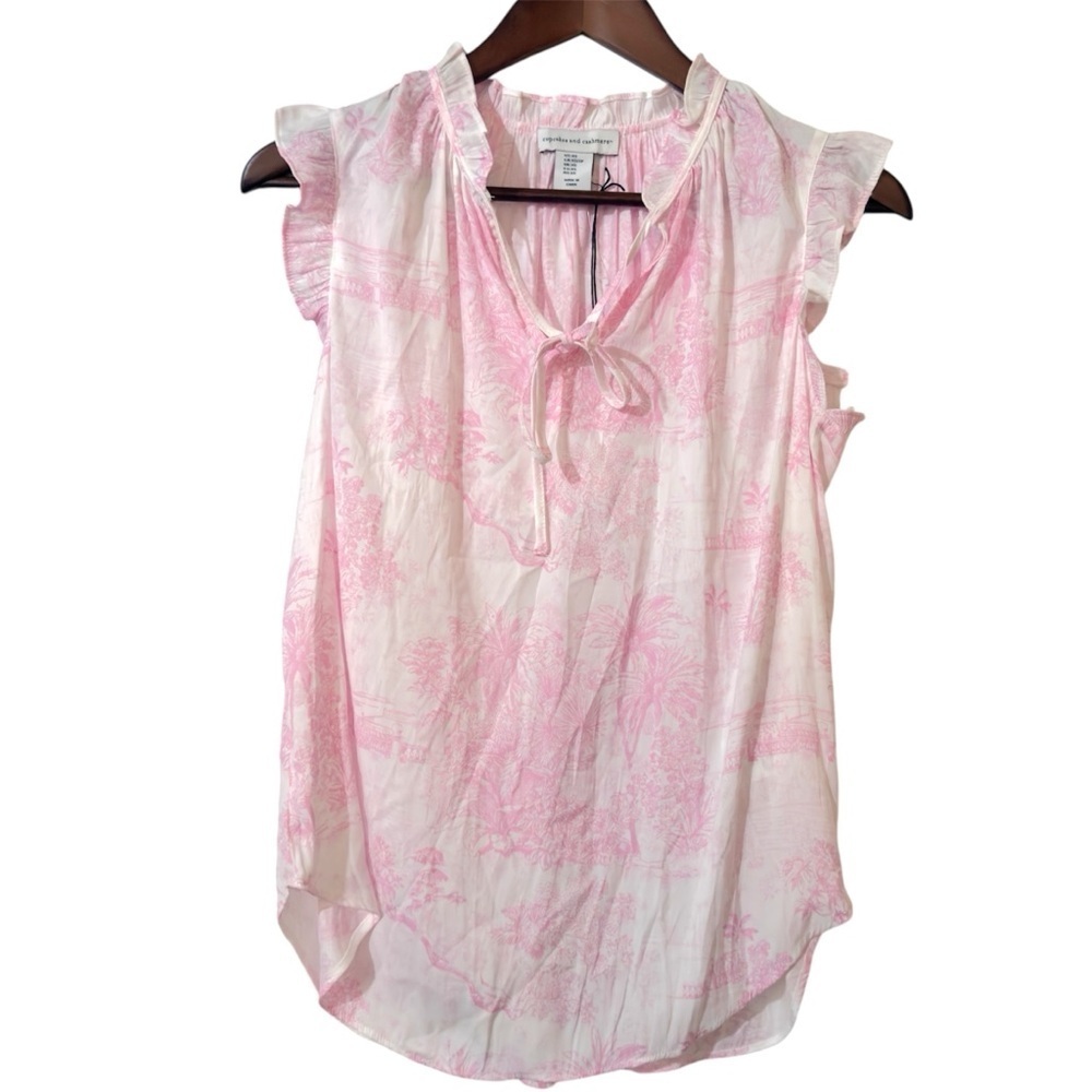Cupcakes and Cashmere Tropical Pink and White Glowy Top Ruffled Cap Sleeves NWT